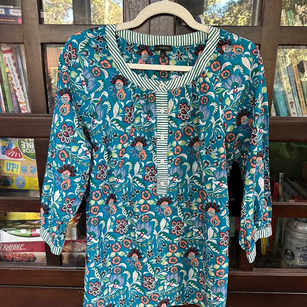 Talbots Teal and Coral Floral Blouse